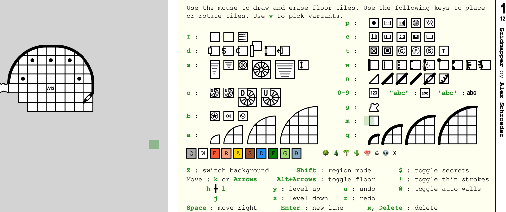 Ein typscher Bildschirm von Gridmapper: Links ein gerasterter Arbeitsbereich, rechts Tastenbefehle usw. 